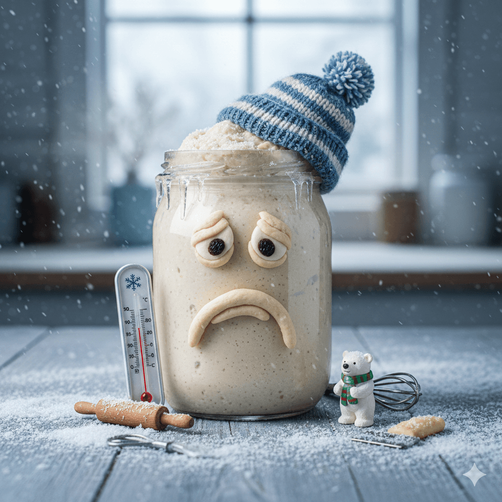 Masa madre con frío usando gorro de lana